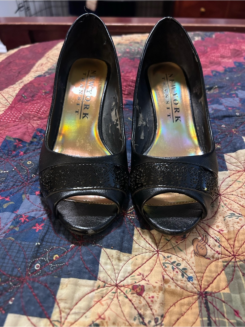 New York Transit Black Peep-Toe Heels with Decorative Toe Band